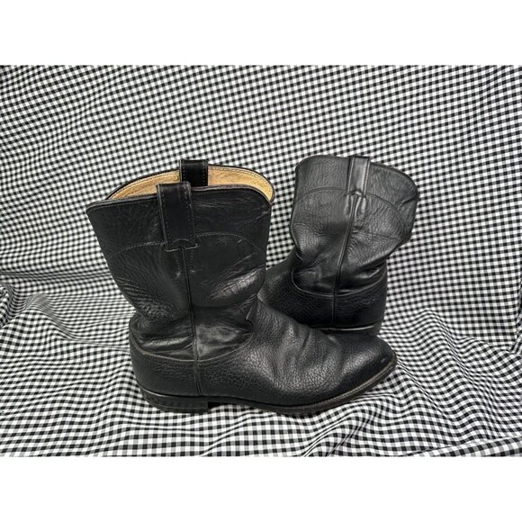 Justin Western Boots Mens 13 A Black Leather Roper Style 3202 Made in USA Cowboy